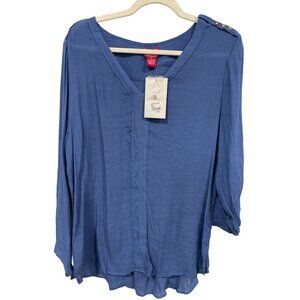 Red Ranch V Neck Roll Sleeve Shirt Womens XXL Pyramid Stud Blue Rayon Office NEW